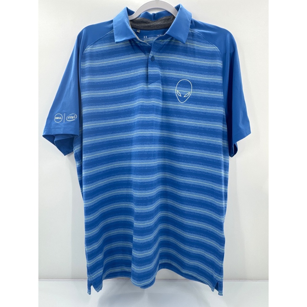 Under Armour Alienware Dell Intel Polo Shirt Mens Large Blue Striped HeatGear LG